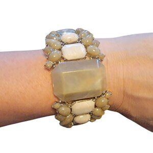 Elaborate Vintage Silver Tone Metal and Tan/Cream Acrylic Bead Cuff Bracelet